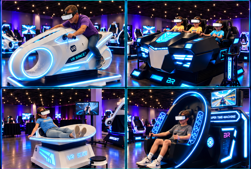 Guests using the VR Space Wheel, VR Super Armor, VR Slide, and VR Time Machine simulators